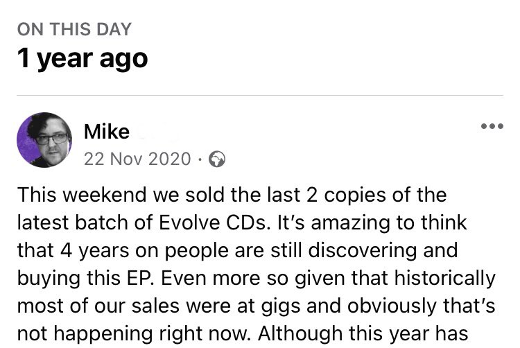This time last year we sold out of another batch of @1inFiveHQ CDs. I did eventually order more, and posted one last week actually before I got Covid. You guys seem to love it so I guess all I can say is thanks! 1infive.bandcamp.com/album/evolve-ep