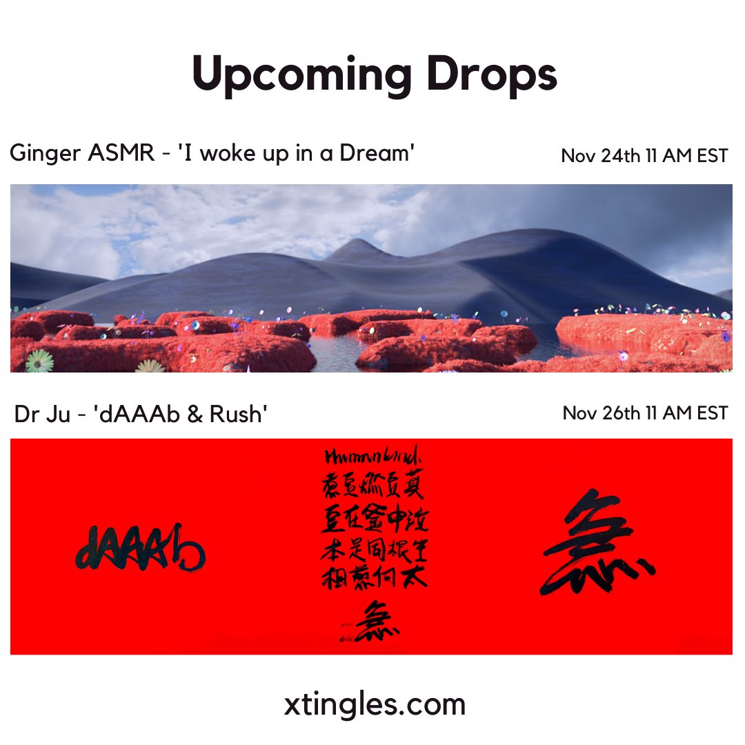 xtinglescom's tweet photo. Hope you are ready and excited for the upcoming drops this week! First drop in 2 days!! ⭐

@AsmrGinger 
Ginger ASMR : Nov 24th 11 AM EST

@dAAAb 
Dr Ju : Nov 26th 11 AM EST

Join our discord for latest updates
https://t.co/C3Eu2vLqqn

#ASMR #NFT #xtingles https://t.co/fsP1zZbCGj
