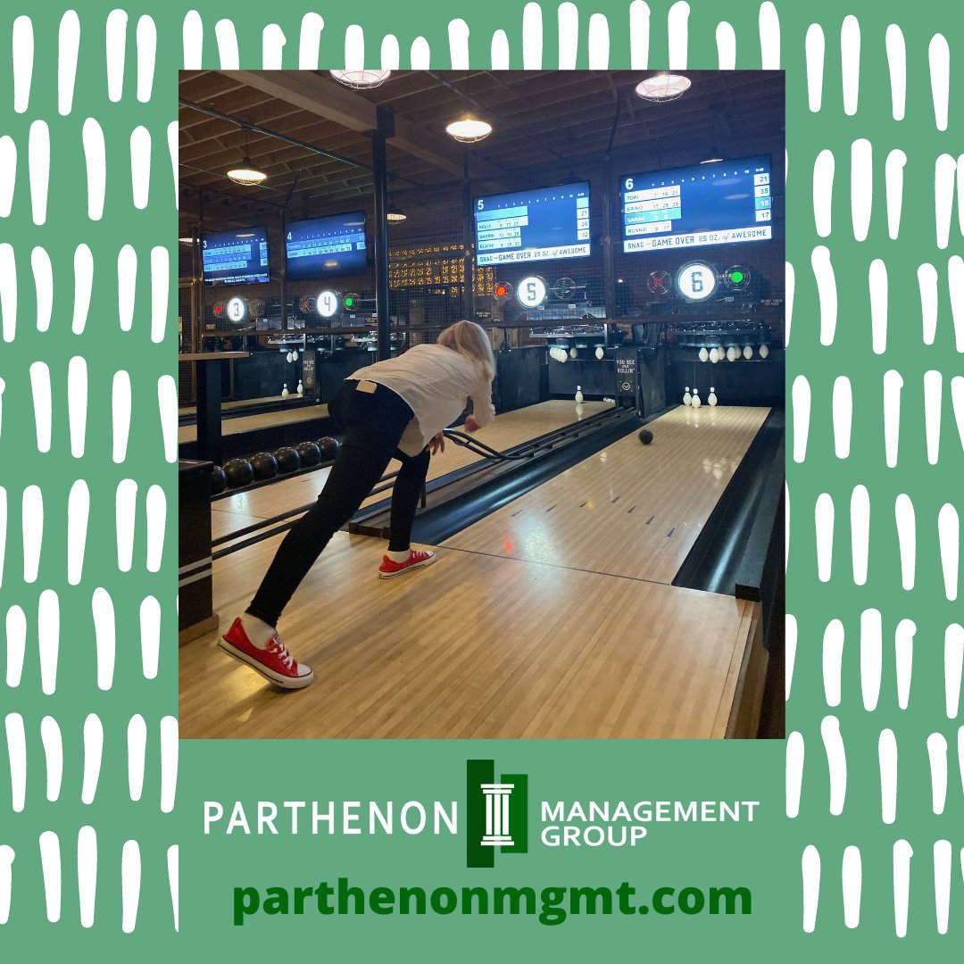 Parthenonmgmt's tweet photo. We'll follow our fearless leader anywhere... even a bowling alley! Another behind the scenes gem from our successful #HomecomingWeek. #ParthenonManagement #AssociationManagement #MeetingsManagement #Lookatthatform https://t.co/kBf7eMcO4R