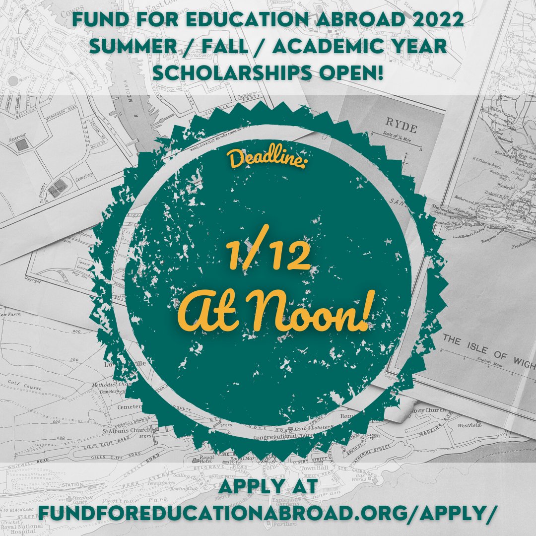 Wanting to study abroad next Summer, Fall or the 2022-2023 Academic year? The Fund for Education Abroad's Scholarships are OPEN! Deadline is January 12th at Noon, apply at: fundforeducationabroad.org/apply/