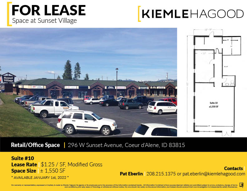 Retail/Office Space available For Lease starting January 1st, 2022 located in Coeur d'Alene, ID! Contact Pat Eberlin at 208.215.1375 for more information on this opportunity #pateberlin #kiemlehagood #coeurdaleneID #commercialrealestate