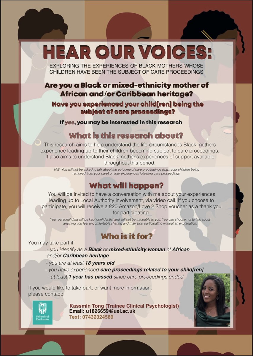 Reay_CSI's tweet image. Really important piece of research exploring the experiences of Black and mixed ethnicity-mothers whose children have been the subject of care proceedings. 

Please email Kassmin at u1826659@uel.ac.uk if you have any questions or would like to participate.