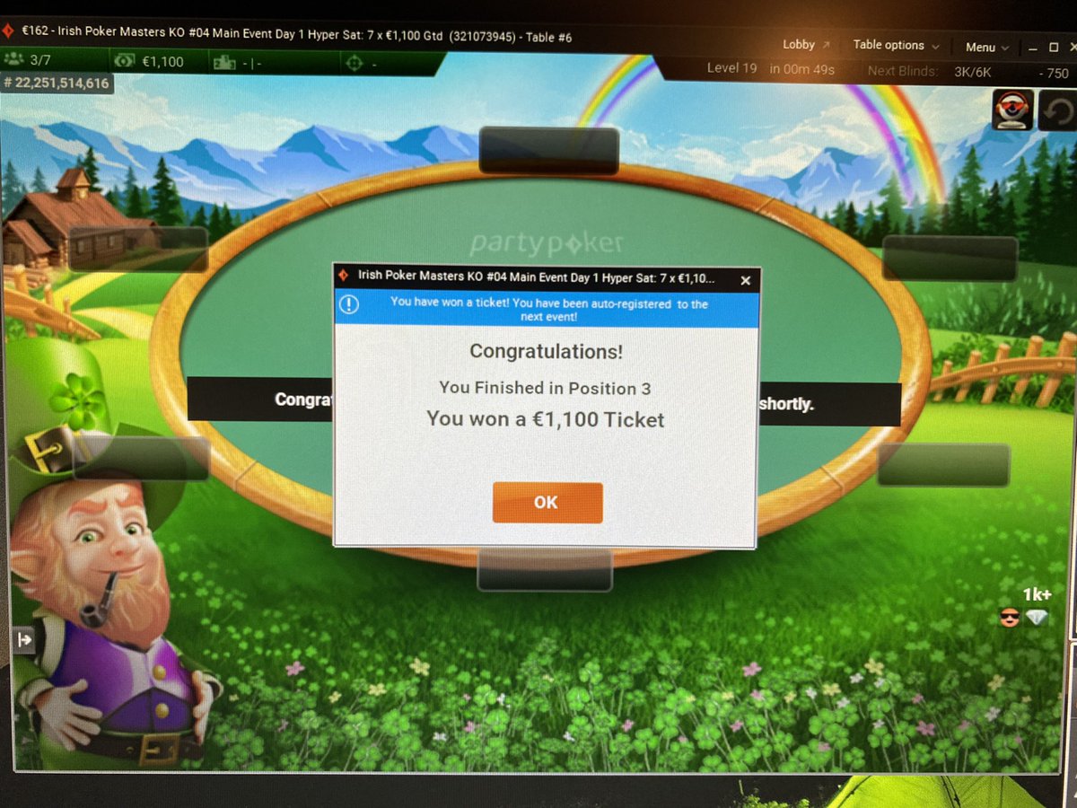 Not bad from €22 satellite now to get through the Hyper Day 1 😬😅
#partypoker #irishmasters #mainevent