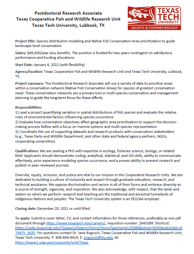jrogos's tweet photo. Now hiring a postdoctoral research associate to study river and fish conservation. Come join my small but growing lab! job post: https://t.co/dDHcc7Kf37
W: https://t.co/eGPDkcr1sw
@USGSCoopUnits https://t.co/KqN4oDsXav