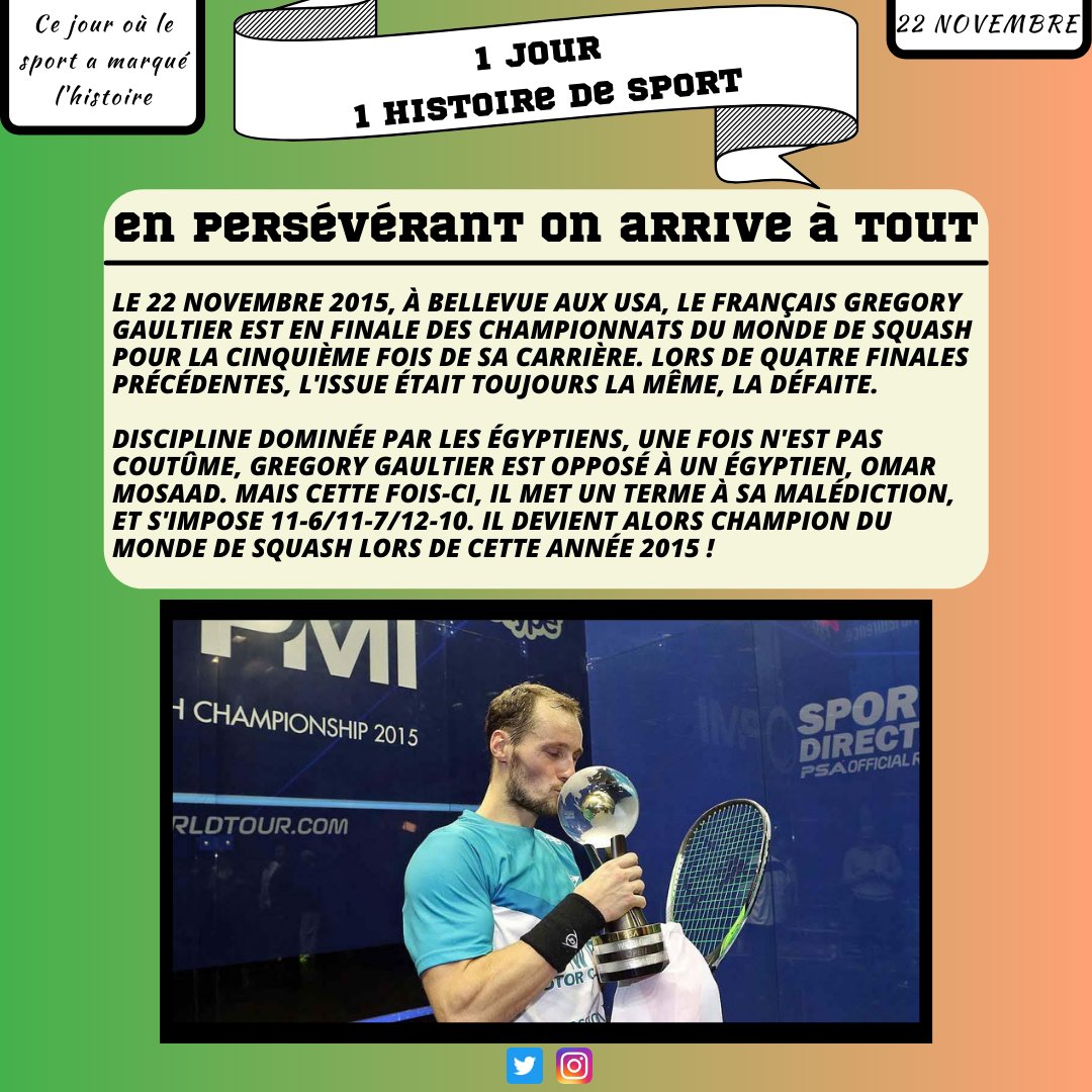 1Histoire2Sport's tweet photo. Il y a 6 ans Gregory Gaultier nous a montré qu'en persévérant on arrive à tout, comme disait Théocryte. En ce 22 Novembre, c'est le squash qui est à l'honneur ! 🥇 

#sport #squash #france #français #titre #victoire #championnatdumonde #champion #gregorygaultier https://t.co/Sr4DeKKl7f
