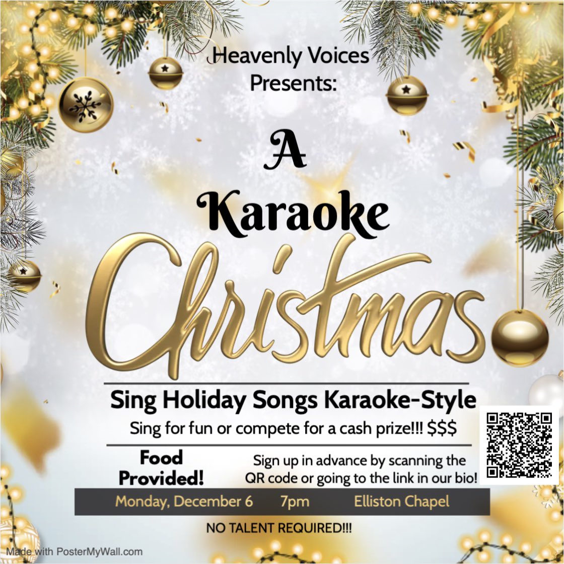 Join us on Monday, December 6th in Elliston Chapel for Heavenly Voices’ A Karaoke Christmas🎄You can come sing Christmas songs for fun, or compete for a cash prize for the best performer🎤 Sign up to sing by scanning the QR code on the flyer or clicking the link in our bio!! 😇🎤