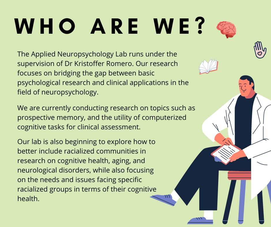 appliedmemory's tweet photo. Welcome to the Welcome to the Applied Neuropsychology Lab at the University of Windsor! We're a pretty recent addition to the Department of Psychology, so here is some information about our areas of interest and what we do in the lab. https://t.co/E59vciSUP2