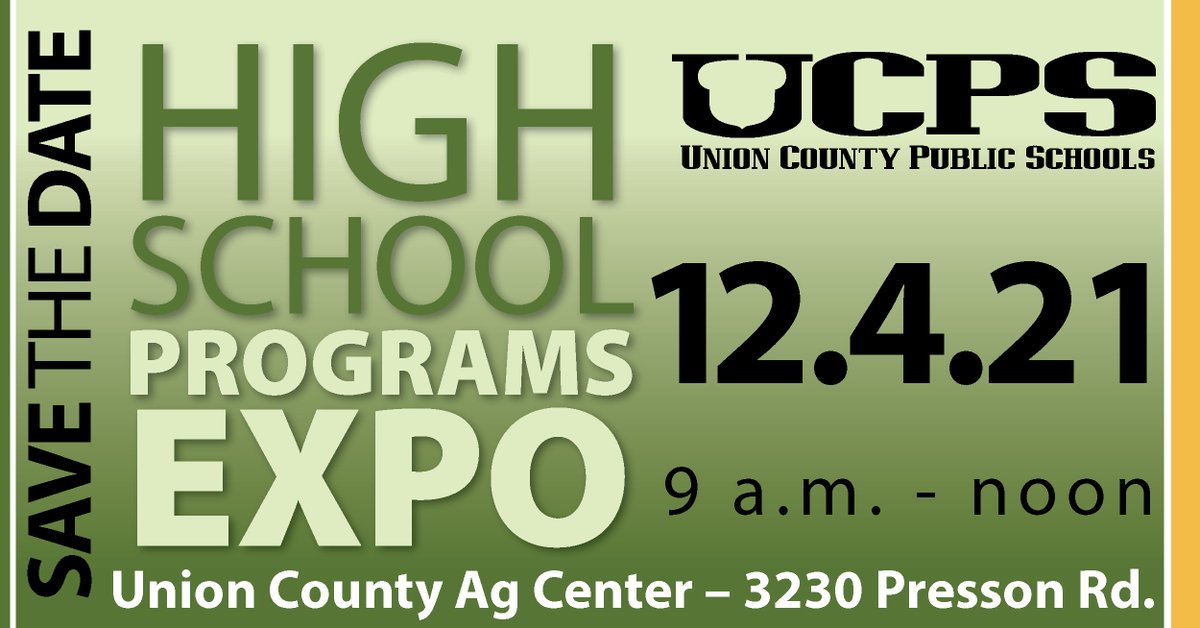 UCPSNC's tweet photo. Hey students, save the date! The High School Programs Expo will be held Saturday, Dec. 4 at the @UnionCountyNC Agricultural &amp; Conference Center. Learn about all programs offered in #UCPS, including @UCPSCareerReady Pathways, AP offerings, IB, Foreign Languages &amp; more! @AGHoulihan https://t.co/BW0C5Wc3no