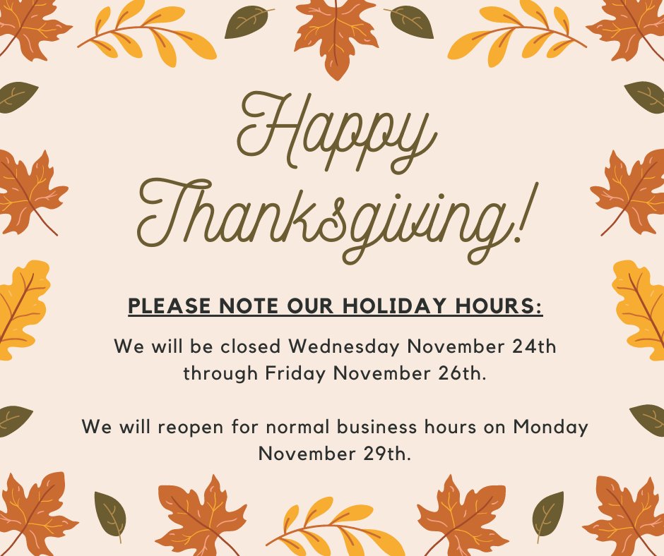 SplashPackaging's tweet image. Happy Thanksgiving! 

Please note our holiday hours: We will be closed Wednesday-Friday, returning on Monday the 29th. All orders and inquiries will be processed on Monday. 

Thank you and have a great holiday weekend!