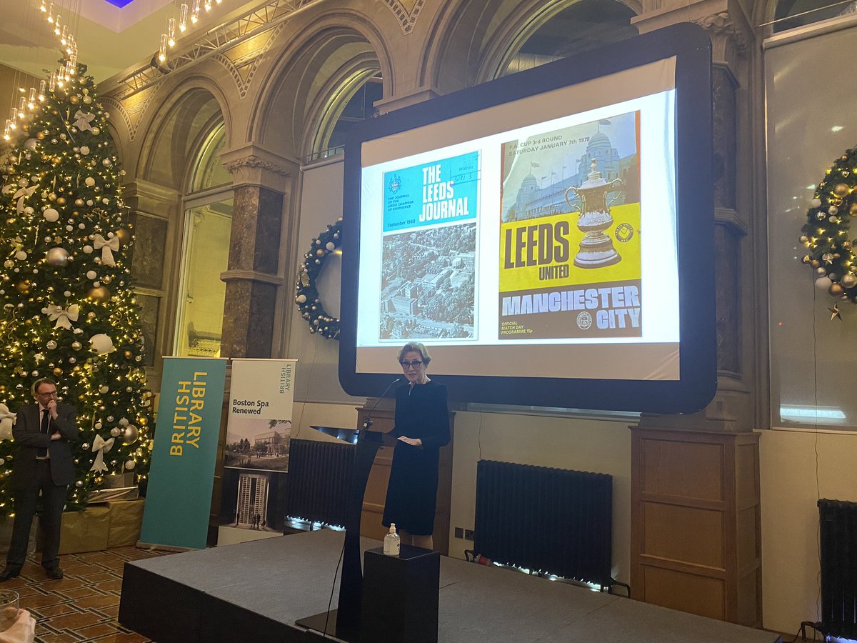 .@DameCarolBlack talks about the huge extensive collection @britishlibrary has at its site in Boston Spa including holding the UK’s newspaper archive and @LUFC fanzines!