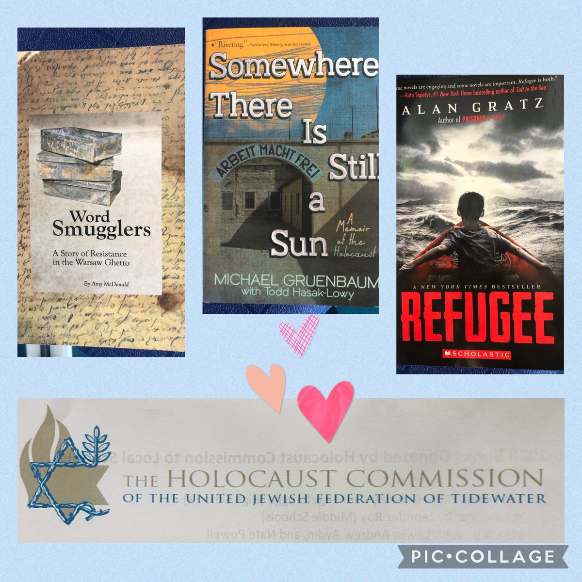 abgerman's tweet photo. What a lovely gift, not just books for our collection, but lovely, carefully-chosen, powerful works of fiction and nonfiction for our students. Thank you #UnitedJewishFederationofTidewater #WhiteRoseProject for the gifts of books, reflection, awareness, and empathy. #WeRemember https://t.co/2Xb1kNxWBh
