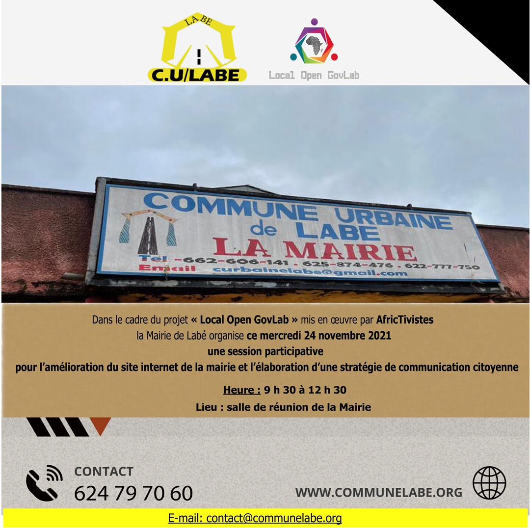AFRICTIVISTES's tweet photo. #LocalOpenGovLab

@CommuneLabe organise ce mercredi 24 novembre 2021 une session participative
pour l'amélioration du site internet de la mairie et l'élaboration d'une stratégie de communication citoyenne. 
#localopengov

En savoir plus sur LOG: https://t.co/HO7vZRob8n https://t.co/3ImYQPJ5WT