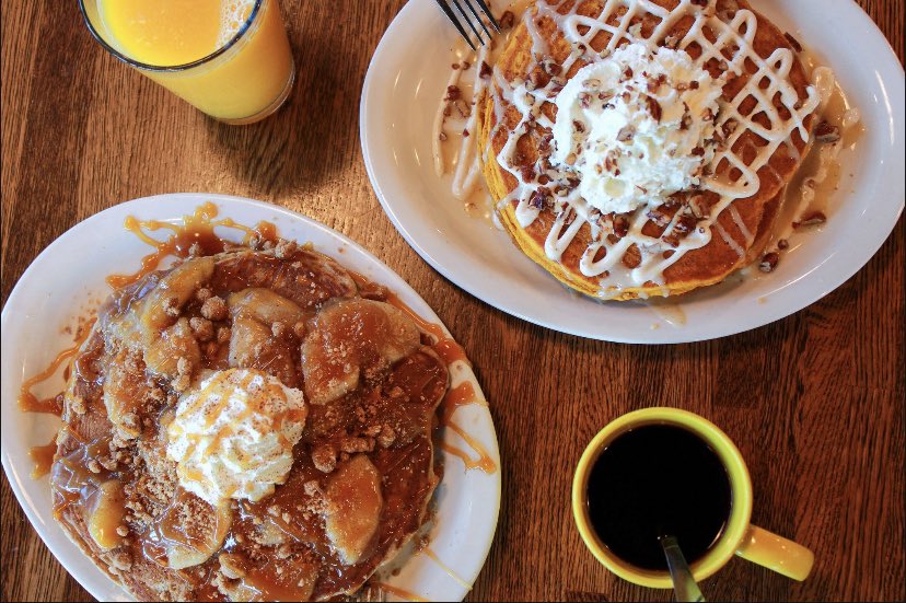 We love you, so we made you something special for the holidays-
Apple pie pancakes with apple pie topping, house made whipped cream, caramel, and cinnamon. 
Pumpkin pie pancakes with cream cheese glaze, cinnamon double espresso sauce, house made whipped cream and chopped pecans.