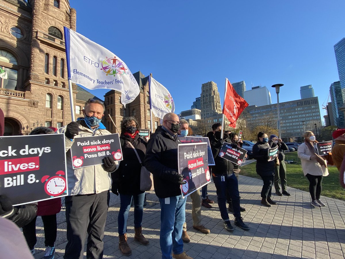 ETFOeducators's tweet photo. Earlier today First VP @dmastin55 and VP @ShirleyBell8 joined with frontline workers and @fairwagesnow to tell the Ford government and MPPs that all workers need permanent #PaidSickDays. 
Temporary solutions aren’t enough! 
Tell your MPP to support Bill 8 this Wednesday #onpoli https://t.co/ujI16ZGtyw