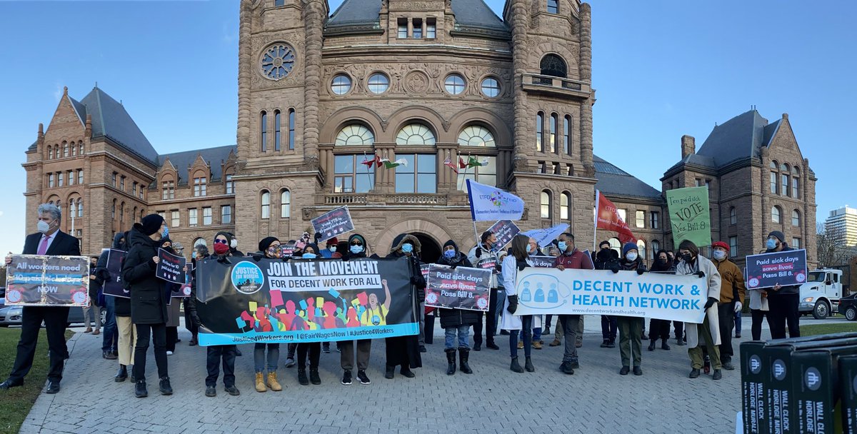 ETFOeducators's tweet photo. Earlier today First VP @dmastin55 and VP @ShirleyBell8 joined with frontline workers and @fairwagesnow to tell the Ford government and MPPs that all workers need permanent #PaidSickDays. 
Temporary solutions aren’t enough! 
Tell your MPP to support Bill 8 this Wednesday #onpoli https://t.co/ujI16ZGtyw