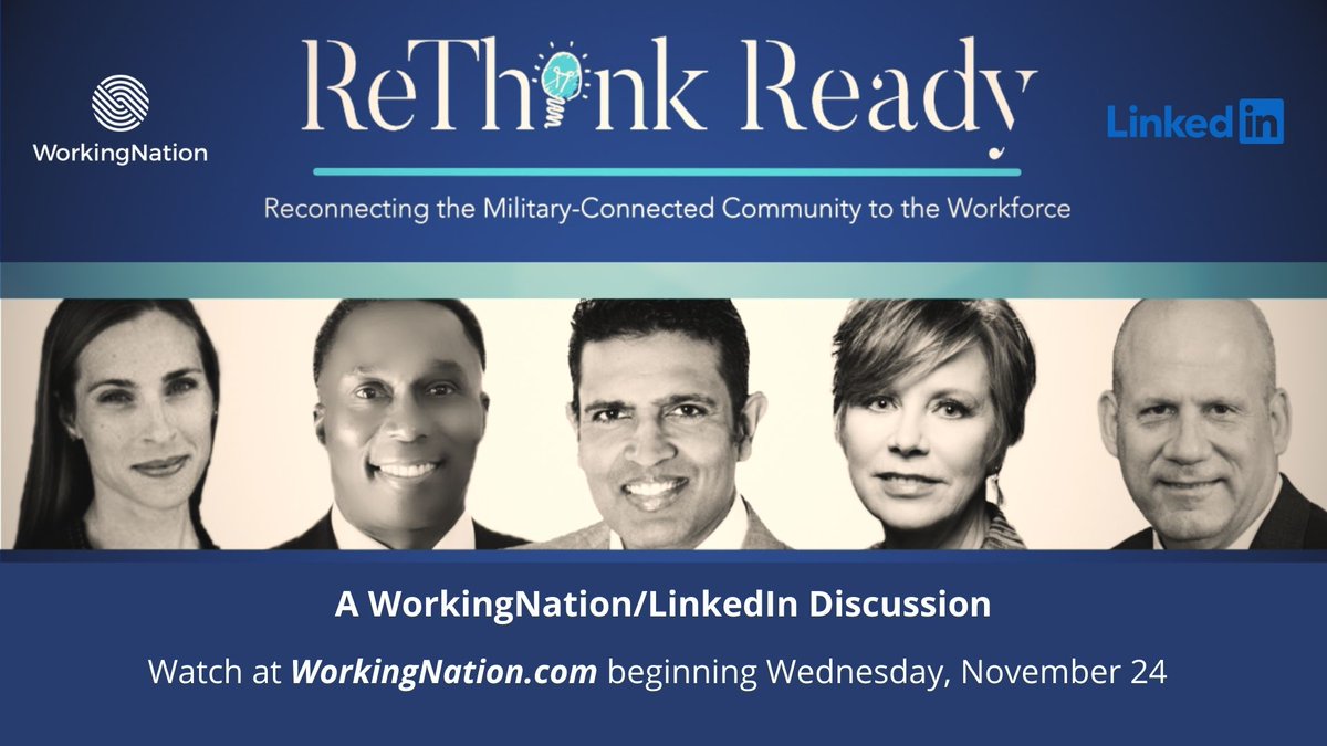 jakehirschallen's tweet photo. Can’t wait for a @WorkingNation/@LinkedIn panel on #veterans reentering civilian work, w/@carol_eggert, @comcastmilitary; Ivan Denton, @USDOL; @BennieBAnderson, @DukeEnergy; Sarah Roberts, LinkedIn; @hari, @Newshour. Wed on https://t.co/culBuzyhXd #MilitaryConnected #ReThinkReady https://t.co/iZJpTlwbhT