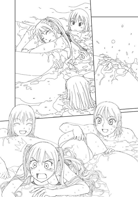 「My doll house」の下描き
台詞フキダシ擬音無し絵その、95

海面のテクスチャーを貼るための線を描いてるんだけどややこしくて時々辻褄が合わなくなって何度もやり直したシーンが続くのです😣 