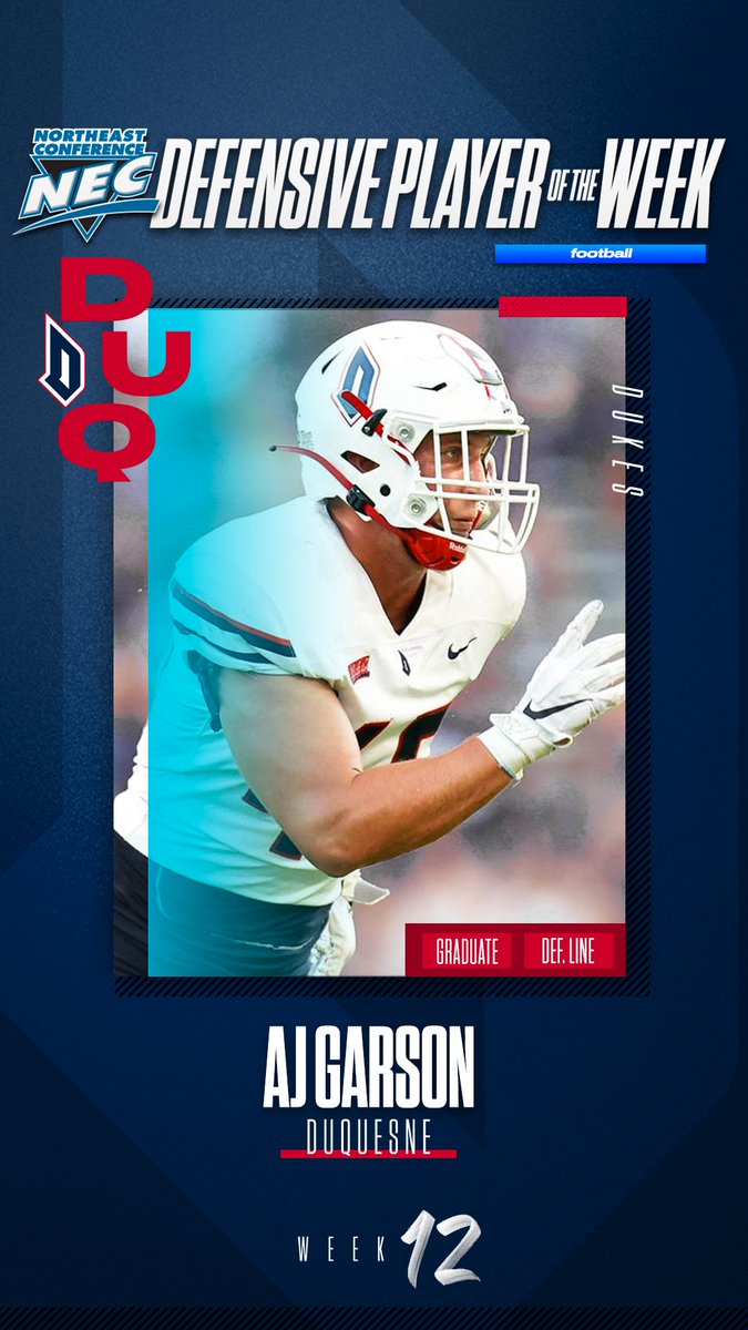 🏅 Official #NECFB Defensive Player of the Week 🏅

➡️ AJ Garson, <a href="/GoDuquesne/">Duquesne Athletics</a> 

📓 Garson spearheaded Duquesne’s shutout effort in the regular season finale, totaling 11 tackles and 3.5 sacks. The 3.5 quarterback takedowns were the most by a Duquesne player since Nov. 23, 2013.
