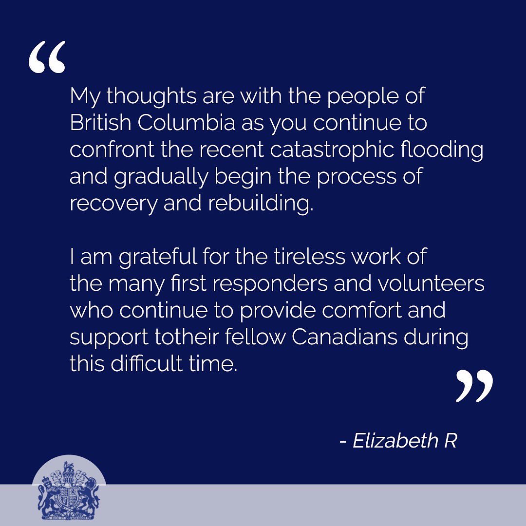 RoyalFamily's tweet image. The Queen has sent the following message to the people of British Columbia following flooding and landslides in the Canadian province.