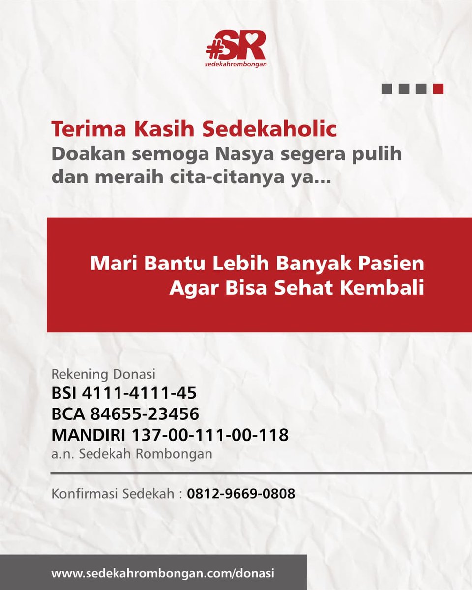 Terima kasih Sedekaholic, Nasya telah melakukan serangkaian operasi. Yuk terus bantu Nasya dan pejuang kesembuhan lainnya 😊