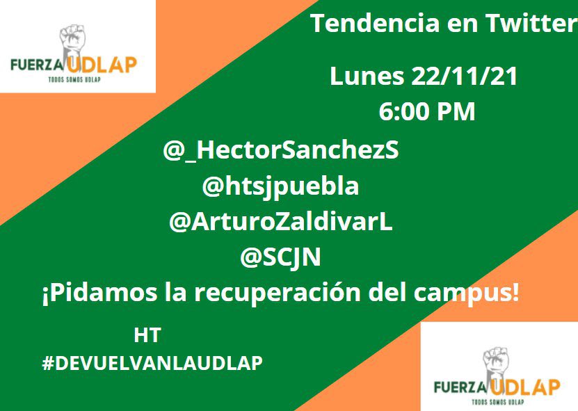 FuerzaUdlap's tweet photo. Hoy tendencia!!! Te invitamos a unirte para la recuperación del campus!!!
@YUdlap @aztecasudlap @udlap @PadresUdlap @CulturaUDLAP https://t.co/lnXA4FdUjK
