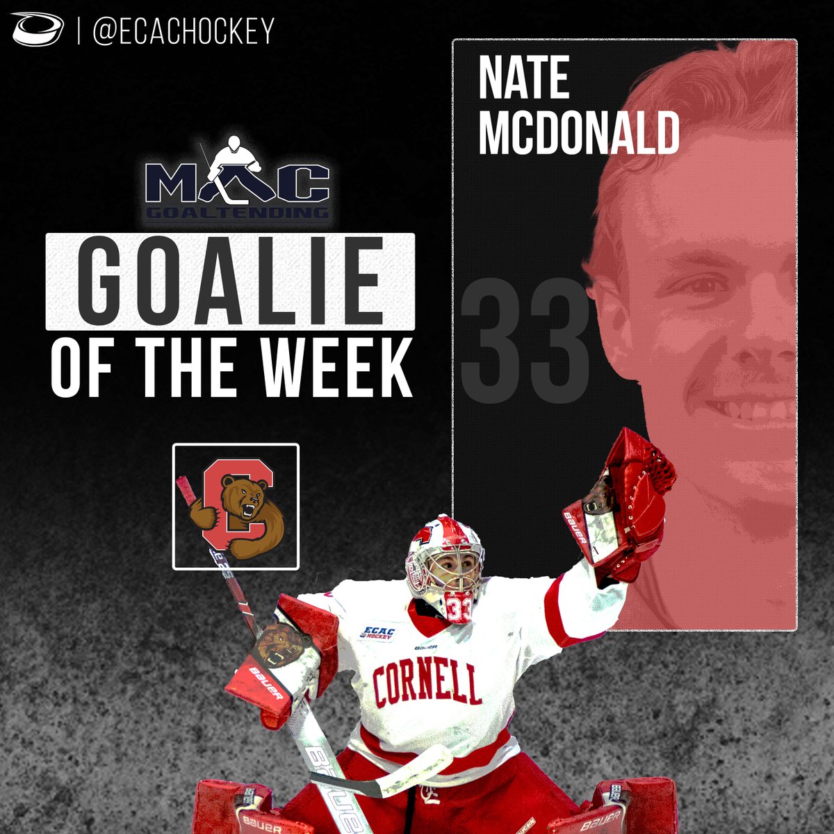 ecachockey's tweet photo. GOALIE OF THE WEEK 🏅

In his 3rd and 4th career starts, Nate McDonald allowed just 2️⃣ goals all weekend, including his first-career shutout against Yale on Saturday, helping @CornellMHockey cap off a weekend sweep.

Powered by @MACGoaltending ❌ https://t.co/bELT7Dy1fK
