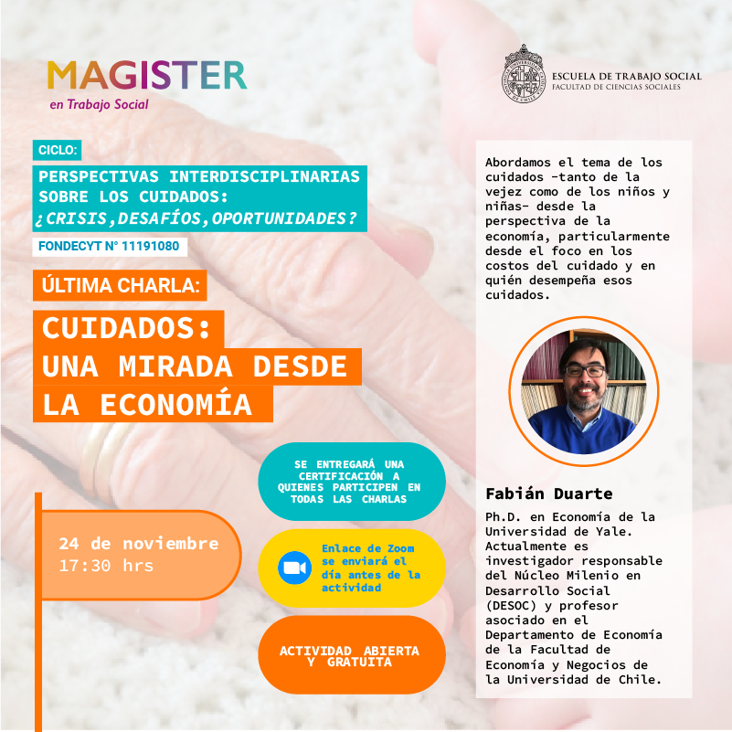 NMDesoc (@nucleodesoc) on Twitter photo 📢 ¡Atención! Viernes 24 de noviembre: última charla del ciclo organizado por el Magister en <a href="/TSocialUC/">Trabajo Social UC</a>. El director de <a href="/NucleoDesoc/">NMDesoc</a> <a href="/FDuarteEcon/">Fabián Duarte</a> abordará el tema "Cuidados: una mirada desde la economía".
<a href="/CentrosAnid/">Centros ANID</a>
Inscripciones➡️ bit.ly/3CIfZt5 📢 ¡Atención! Viernes 24 de noviembre: última charla del ciclo organizado por el Magister en <a href="/TSocialUC/">Trabajo Social UC</a>. El director de <a href="/NucleoDesoc/">NMDesoc</a> <a href="/FDuarteEcon/">Fabián Duarte</a> abordará el tema "Cuidados: una mirada desde la economía".
<a href="/CentrosAnid/">Centros ANID</a>
Inscripciones➡️ bit.ly/3CIfZt5