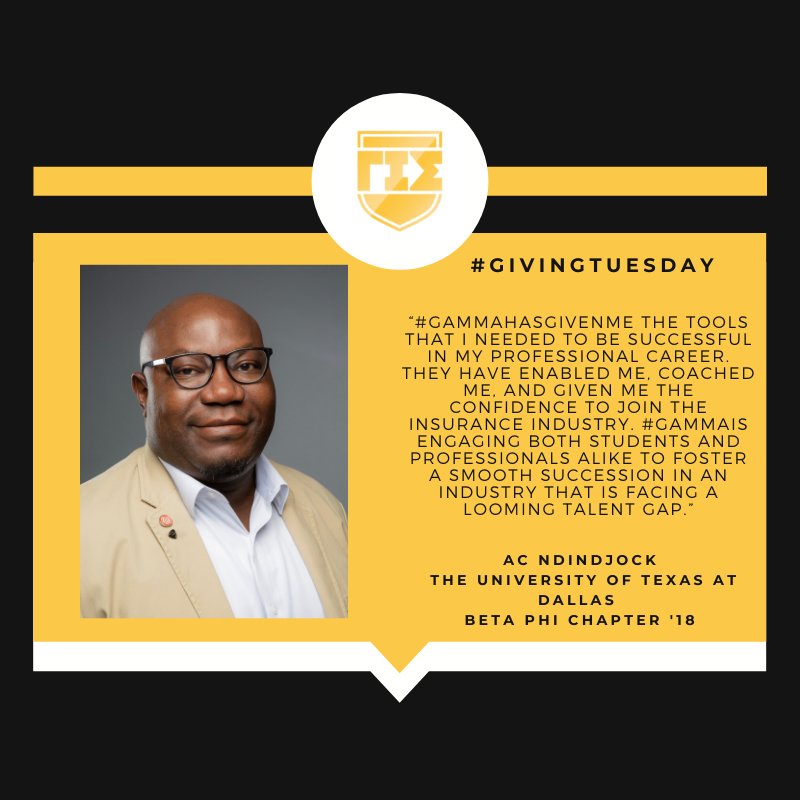 GammaIotaSigma's tweet photo. AC Ndindjock, Alumni Council Secretary and '18 alumnus of the Beta Phi Chapter at the University of Texas at Dallas, shares why he continues to #GiveToGamma:

Help the Dallas Alumni Chapter meet their #GivingTuesday goal to #SupportStudents: https://t.co/vgxBtqtyRP https://t.co/ampM2UHTXs