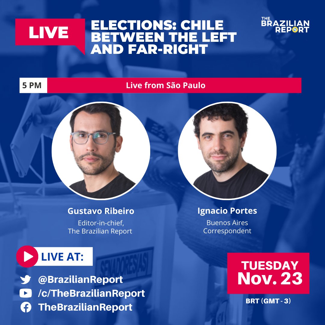 🔴 TBR is going live! 📆 Tuesday (23/11) at 5PM (Brazilian time) 📍 On Twitter (@BrazilianReport), YT & FB (TheBrazilianReport) @gnribeiro and @IgnacioPortes discuss what's to come for Chile as it decides between the left and far-right. Check it out 👇 youtube.com/c/TheBrazilian…