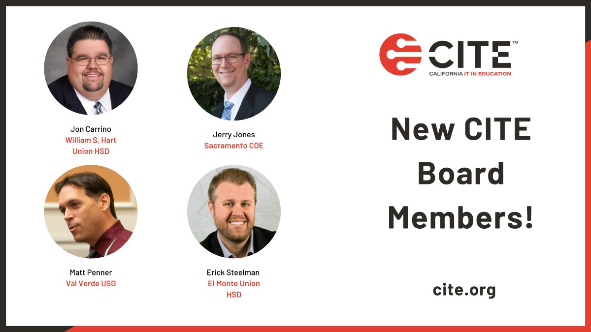 CITE_EDU's tweet image. Join us in welcoming and congratulating our new Board Members Jon Carrino, Jerry Jones, Matt Penner, and Erick Steelman! A huge thanks to all of our members who took the time to vote!