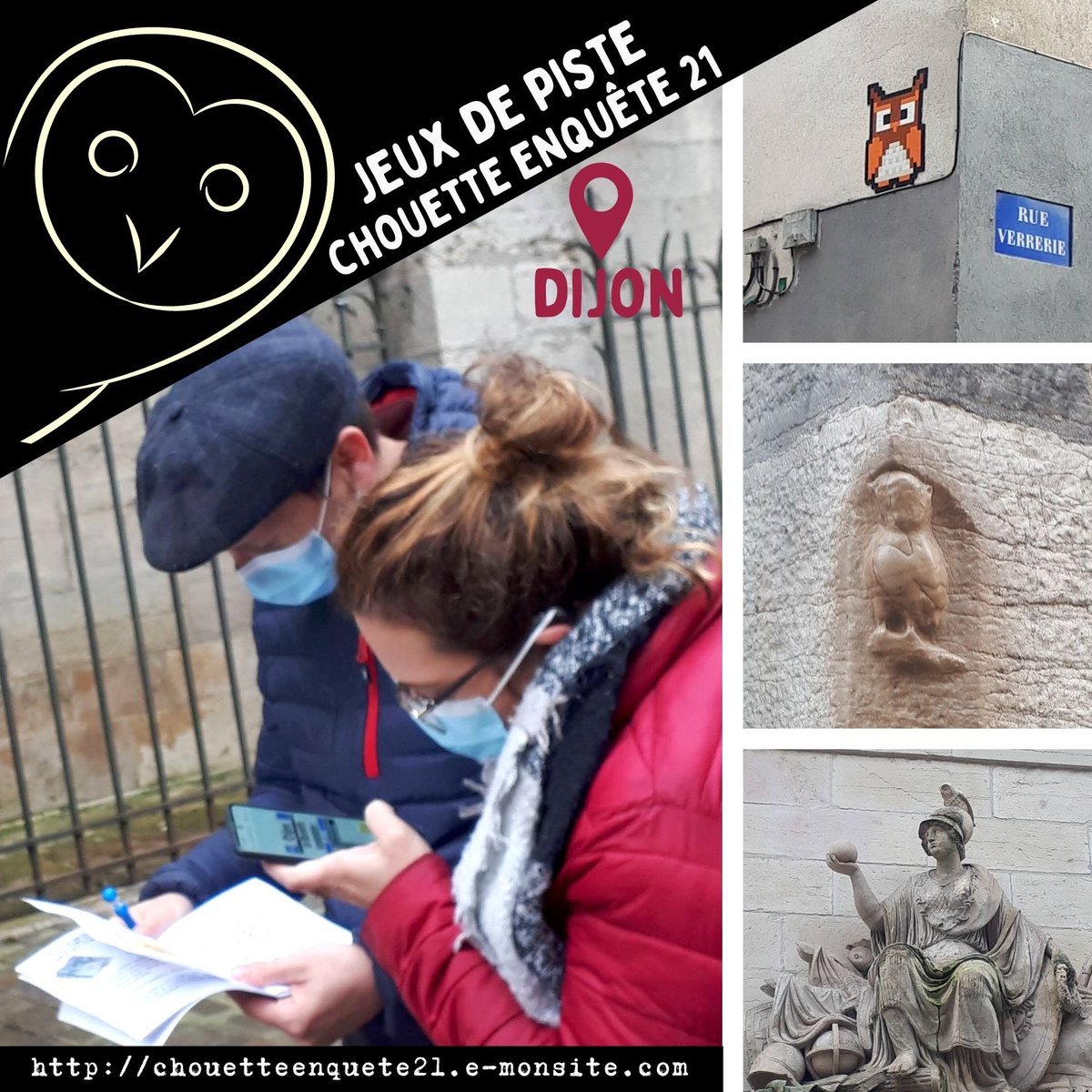 Castelli21121's tweet photo. #ChouetteEnquête vous propose de (re)découvrir le centre-ville de #Dijon à travers ses #jeuxdepiste. Une #activité #ludique pour resserrer les liens de votre #team familiale, amicale ou professionnelle ! Et une chouette idée de #cadeau ! RDV sur : https://t.co/jffZByzqqu https://t.co/YXTn5STPF3