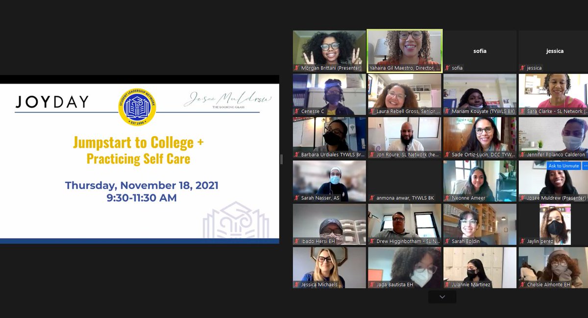 StudentLeadNet's tweet photo. Last Thursday, our #TYWLS students took part in a virtual event all about the practice of self-care, featuring Professional Counselor Josee Muldrew and @JOYdayMovement CEO Morgan Brittani. #SLNet #SelfCare #Relaxation https://t.co/Mtny7PqTjv