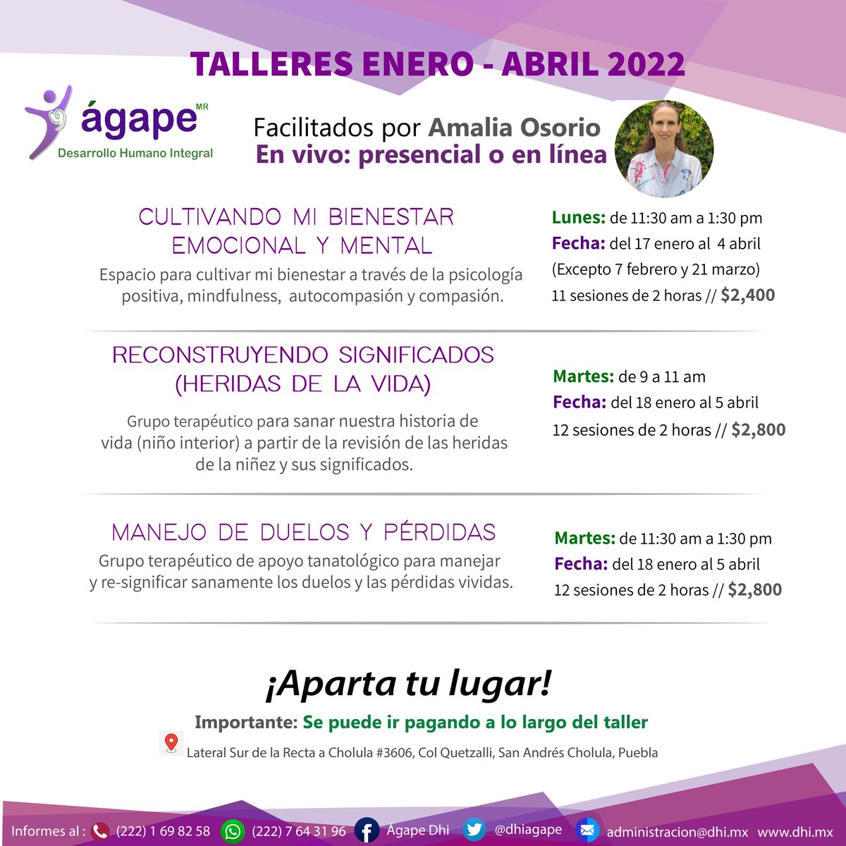 dhiagape's tweet photo. Si estás buscando un espacio para ti, para tu crecimiento y desarrollo, te invitamos a participar en uno de los talleres impartidos por Amalia Osorio… podrás participar en línea o presencial. https://t.co/QtVaEAGb35