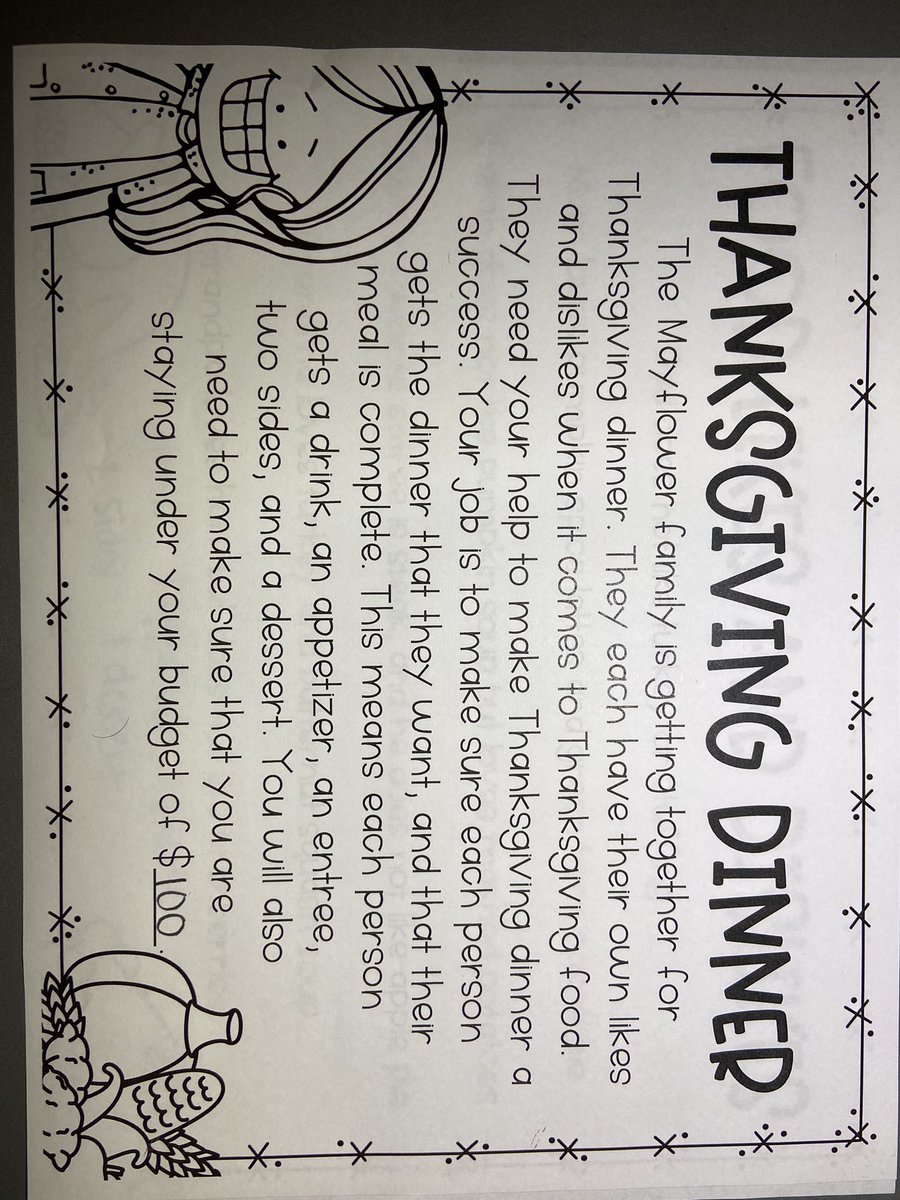 MissKessler_EH's tweet photo. We put our math and analytical skills to the test as we planned a Thanksgiving Meal on a budget for the Mayflower family during Math today! @Elwood_STEM https://t.co/G7DvKCpJKX
