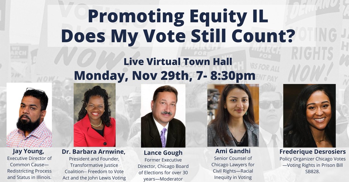 We're SO excited for next week's town hall with this all-star panel: <a href="/impactofficer/">Jay Young</a> <a href="/barbs73/">Barbara Arnwine, Esq.</a> <a href="/thegougher/">Lance Gough</a> Frederique Desrosiers <a href="/ChicagoVotes/">Chicago Votes Action Fund</a> and <a href="/ami_rbhatt/">Ami Gandhi</a>!

Don't miss this important discussion on racial equity and voting rights here in #Illinois.

RSVP: dupagecountynaacp.org/politicalactio…