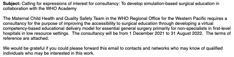 keepark's tweet photo. If you are interested in #globalsurgery and #surgicaleducation, the @WHOWPRO has a #consultancy position. The deadline is Nov 26! Contact wproca@who.int ASAP! This work is tied to the WHO Academy.
@HarvardPGSSC 
@RACSurgeons 
@theG4Alliance 
@AmCollSurgeons 
@cosecsa 
@GlobalUct https://t.co/lFuPHBil23