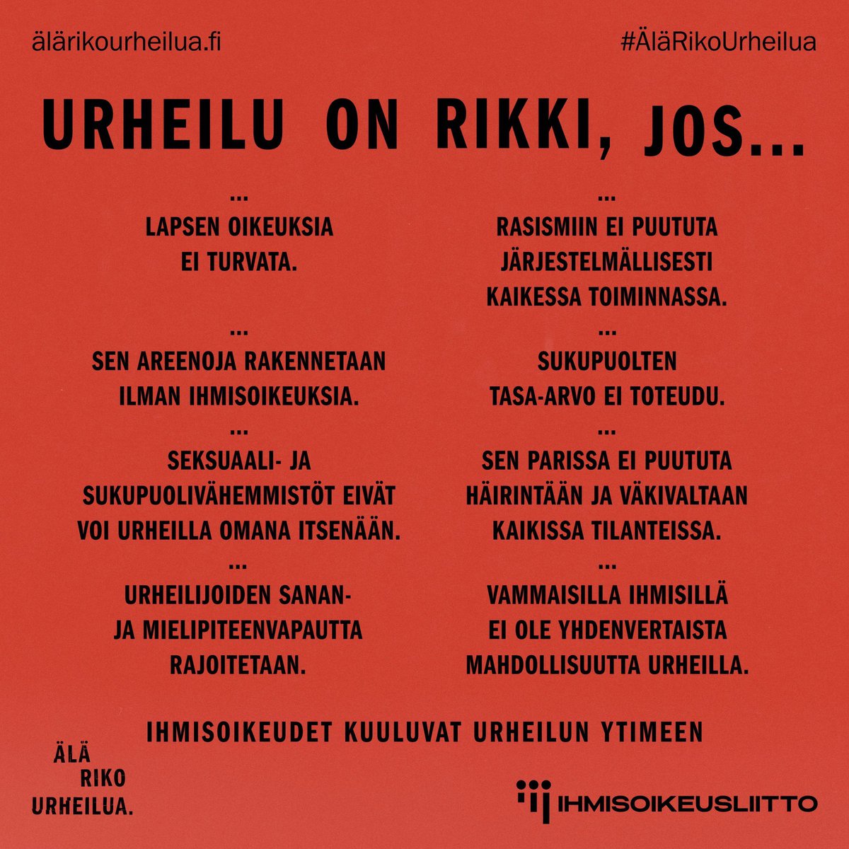 heidipuo's tweet photo. Ihmisoikeudet kuuluvat urheilun ytimeen ja niiden kunnioittaminen on meidän kaikkien velvollisuus. Työtä riittää. 

Tärkeä kampanja, jonka herättelevästä toteutuksesta kiitos @fathermetro, @KaariMattila &amp; co @Ihmisoikeus

https://t.co/YV6zRe5Wij 

#ÄläRikoUrheilua #Ihmisoikeudet https://t.co/3YjgG8akA8