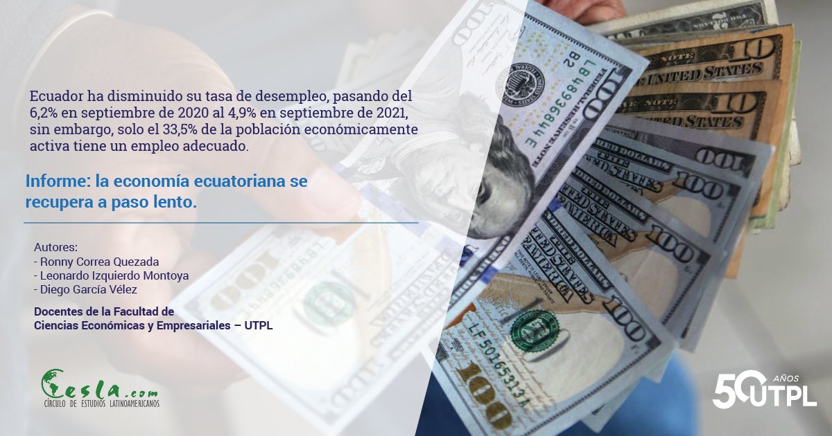 utpl's tweet photo. ▶ Compartimos informe económico del #Ecuador (noviembre 2021) elaborado para @cesla_web por nuestros docentes del Dpto. de #EconomíaUTPL: @rfcorreaq, @LeonardoIzquie8 y @Diegogarciavele.

🇪🇨📊 “La economía ecuatoriana se recupera a paso lento”
 » https://t.co/JrTei7NppJ https://t.co/HF37EEpd0l