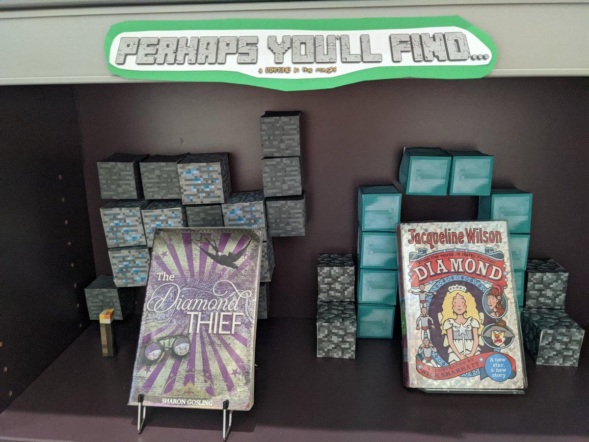Library_EHS's tweet photo. The latest library display! Very Minecraft themed with booky rock puns and everything! #minecraft #bookdisplay #librarydisplay #library https://t.co/fELoPiXPDa