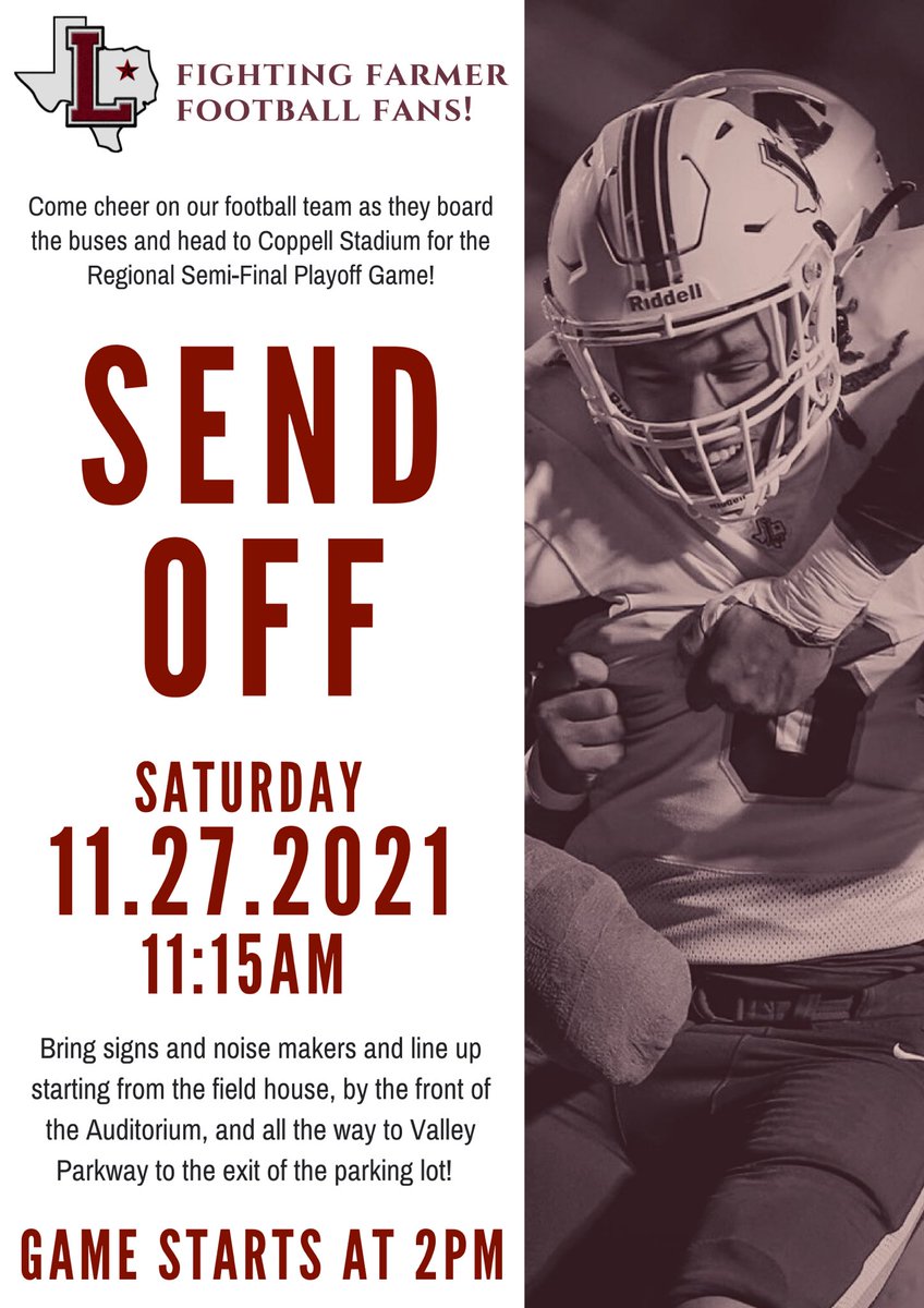 LewisvilleHS's tweet photo. Please come and help us cheer on our Farmers as they leave for the game! Tickets aren’t on sale yet but will be on the Coppell ISD Webpage soon. #Letsfillthestands #FarmerPride https://t.co/o49kEchAlD