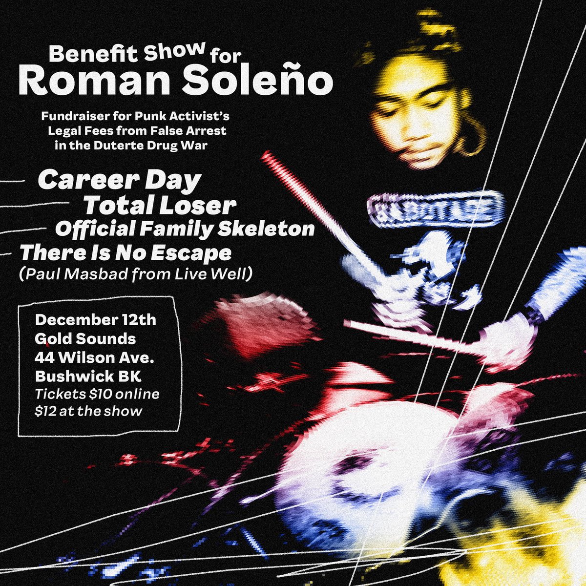 Dec 12th, we’ll be playing at Gold Sounds in Bushwick alongside Total Loser, Official Family Skeleton, and There Is No Escape (Paul from <a href="/livewellband/">Live Well</a>). The show is a benefit for Roman Soleño, a Filipino punk activist falsely arrested in the Duterte Drug War. Hope 2 c u there