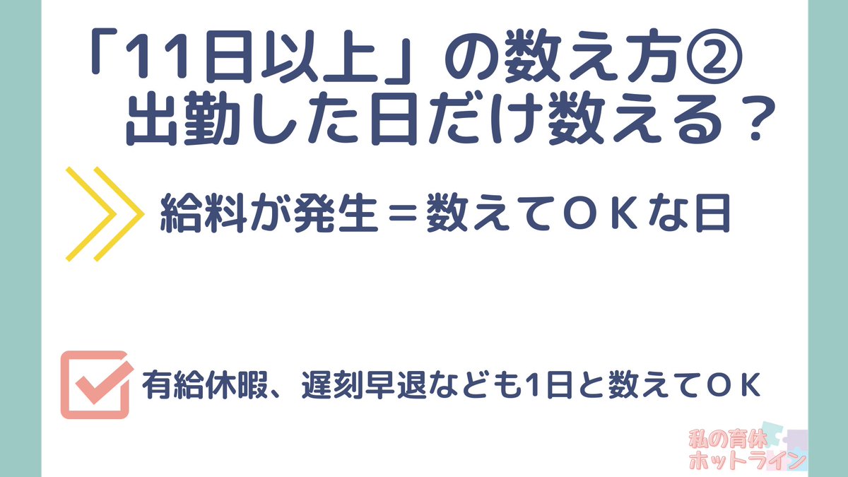 ikukyu_hotline's tweet photo. 【出勤日数と育児休業給付金】
間違えやすいポイントを解説

①いつを基準に数える？
❌給料の締め日や1日～月末

②「11日以上」の数え方
❌実際に出勤した日しか数えられない

③出勤日数が足りない場合
❌諦めるしかない

#画像で育児休業給付金を解説 https://t.co/4IAYBL6sbr