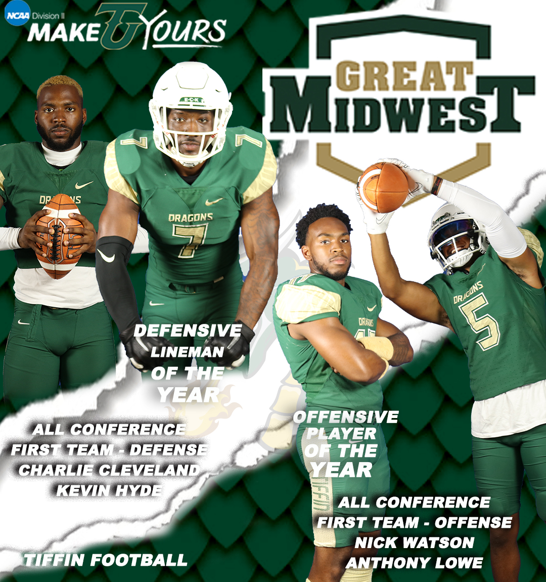 gotiffindragons's tweet photo. ‼️FIRST TEAM ALL-CONFERENCE‼️

Four Players were Named First Team All-GMAC!! Nick Watson Named GMAC Offensive Player of the Year Charlie Cleveland Named GMAC Defensive Lineman of the Year!! 🏈🐉🐲 #gogoons #dragonnation #allconference #football @TUDragonFB @GreatMidwestAC https://t.co/4XhQF4PqnZ