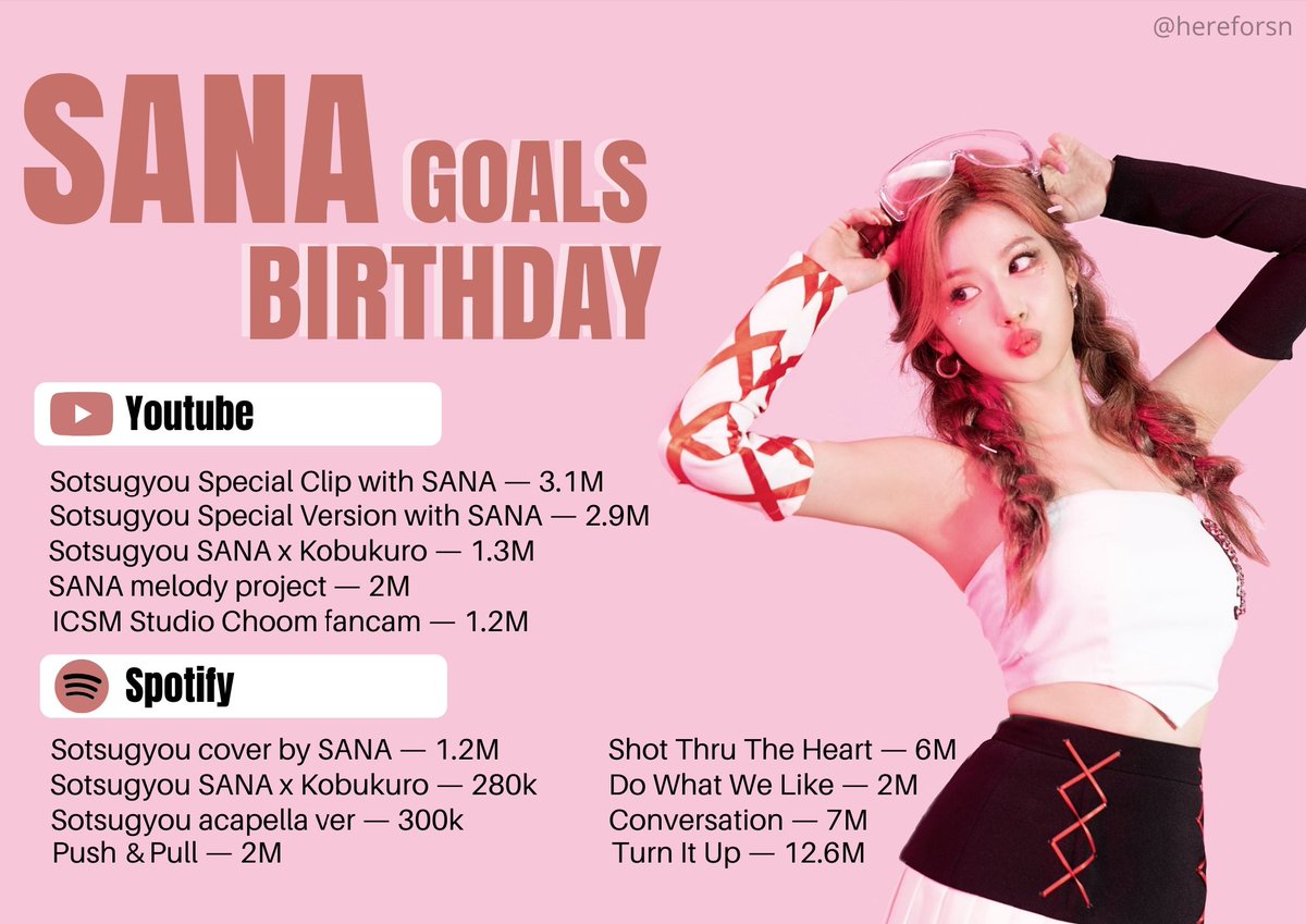 hereforsn's tweet photo. 📢 — SANA BDAY GOALS!

Onces y shushus! Estas son nuestras metas oficiales para el cumpleaños de SANA, demos lo mejor por ella 

These are our official goals for sana's birthday, let's do our best for her

트와이스 사나 #트와이스사나 #사나 #SANA @JYPETWICE https://t.co/rpkuVV6SD6