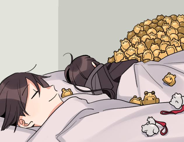 “Oryou only sleeps with the essentials—Ryoma, and Oryou's hundreds of golden plush frogs.

Now, goodnight!”