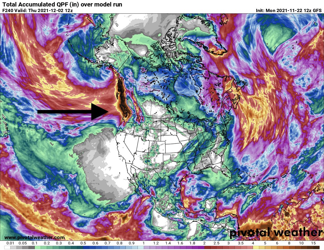 US_Stormwatch's tweet photo. Strong ridging over the next ~10 days will keep California and much of the West dry while continuing to drive the storm track into the water-logged Pacific NW and British Columbia. Current totals suggested by models would bring additional severe flooding to BC and WA. #BCwc #WAwx https://t.co/uudBCpsVt7