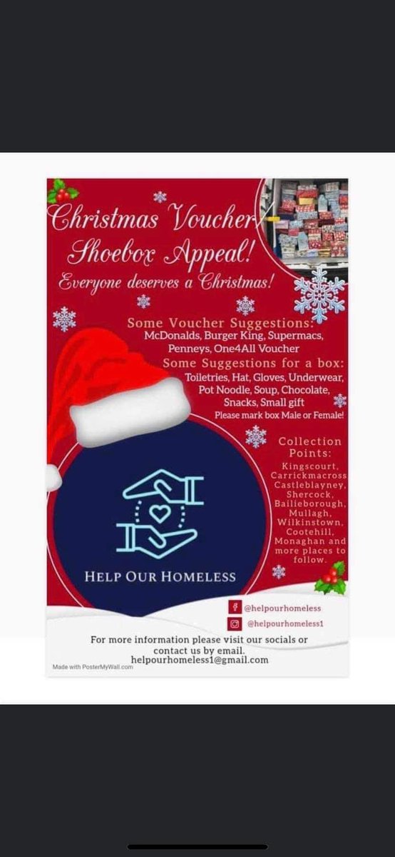 stpaulsnavan's tweet photo. We would ask everyone in our school community to support our Christmas Shoebox Appeal in aid of  Help Our Homeless. Please send in ready to distribute boxes / goods for adults which can be boxed / vouchers for outlets mentioned in the picture. #helpourhomeless
#MerryChristmas https://t.co/JkugHicJ7F
