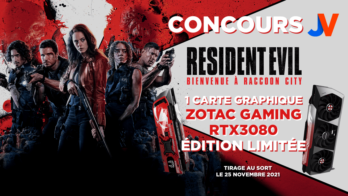 JVCom's tweet image. 💀🩸🧟♂️ CONCOURS RTX 3080 Ti - RESIDENT EVIL 🧟♂️🩸💀
À l'occasion de la sortie de Resident Evil: Bienvenue à Raccoon City le 24 novembre, on vous fait gagner une RTX 3080 Ti ! #sponso
🎁 RT+Follow @JVCom 🎁
TAS le 25/11 : docs.google.com/document/d/1Fx…