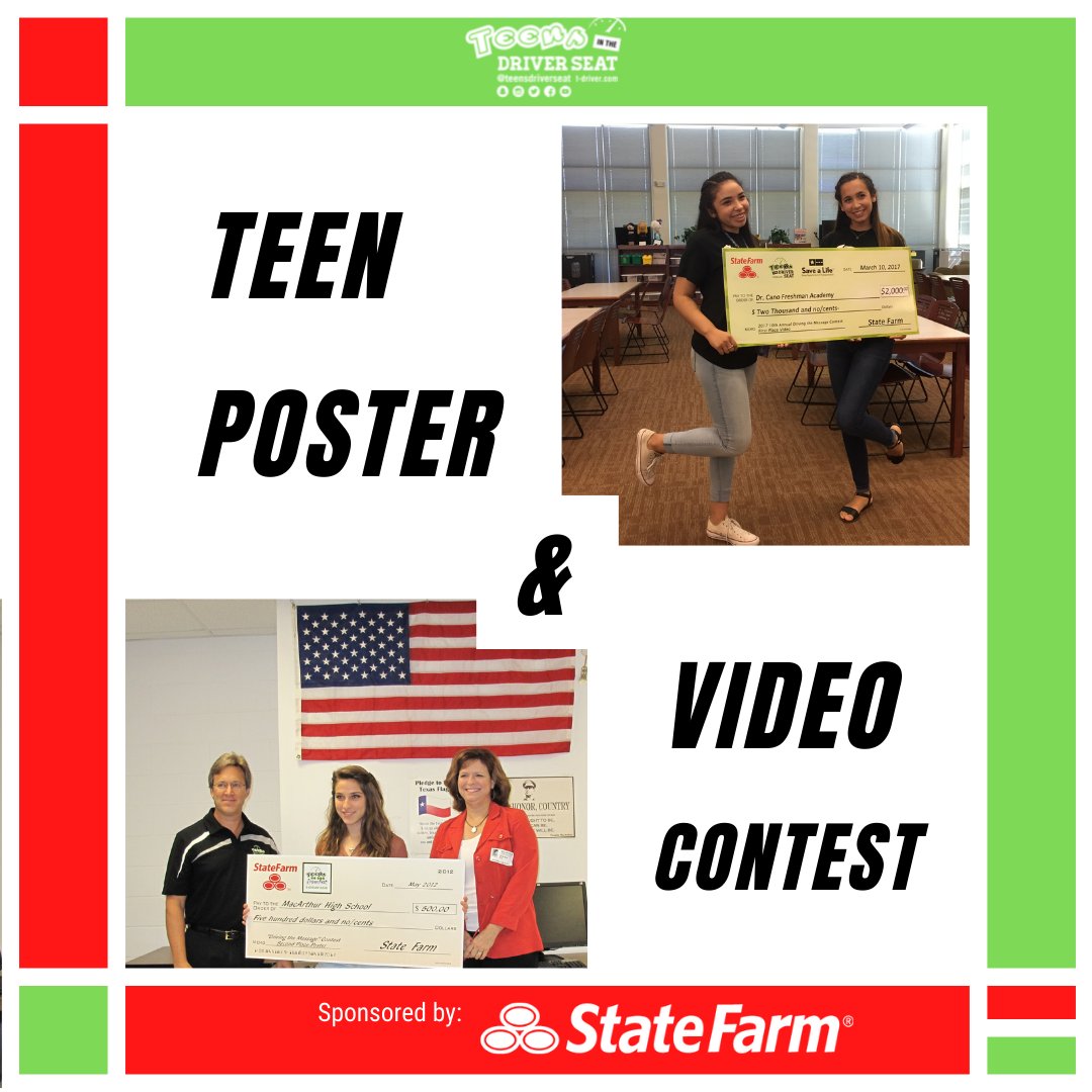 TeensDriverSeat's tweet photo. We are inviting all middle and high school students to enter our ‘Drive the Message’ contest sponsored by State Farm. Remember, winners can get 💸prizes for their schools. Be part of the change, what are YOU waiting for? Learn more: https://t.co/HUtSwYSAsv  #speakup #savealife https://t.co/2qS2rSs7EE