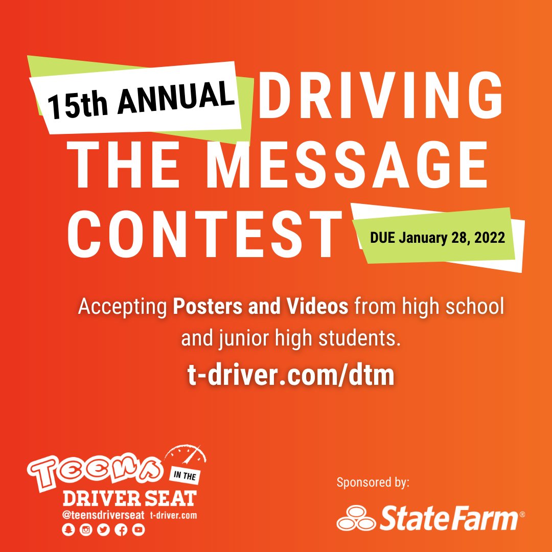 TeensDriverSeat's tweet photo. We are inviting all middle and high school students to enter our ‘Drive the Message’ contest sponsored by State Farm. Remember, winners can get 💸prizes for their schools. Be part of the change, what are YOU waiting for? Learn more: https://t.co/HUtSwYSAsv  #speakup #savealife https://t.co/2qS2rSs7EE